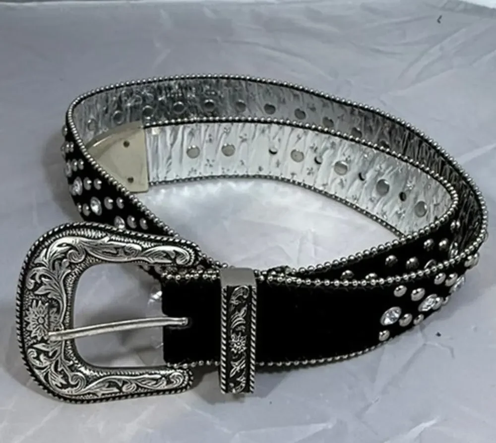 Studded Rhinestone Western Belt Black Leather Y2K Biker 39”